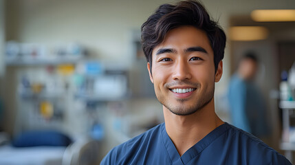 Fototapeta premium Smiling male nurse in a hospital environment, showcasing professionalism and dedication in healthcare.