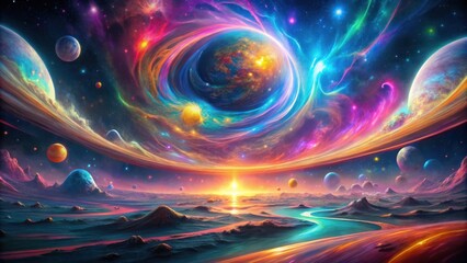 Obraz premium Vivid Technicolor Dreamscape with Neon Cosmic Swirls in Futuristic Interstellar Setting