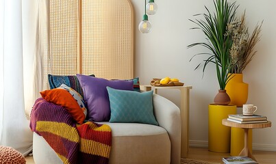  Contemporary interior design featuring a curved sofa, vibrant throw blankets, and geometric pillows, accented by a minimalist hanging lamp. 
