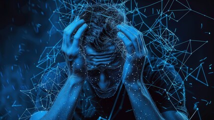 An adult male appears fatigued and stressed, suffering from intense pain caused by brain diseases leading to chronic severe headaches and migraines.