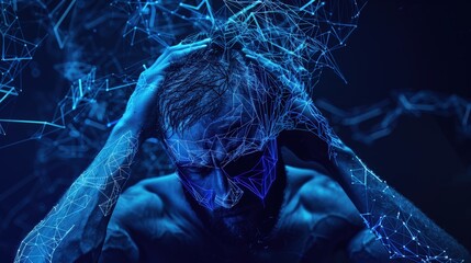 An adult male appears fatigued and stressed, suffering from intense pain caused by brain diseases leading to chronic severe headaches and migraines.