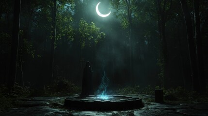 Obraz premium A forest scene featuring a cloaked figure standing over a glowing circle amidst the woods, illuminated by moonlight, creating a magical and mysterious atmosphere.