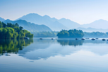 Fototapeta premium Snow-capped mountains and lakes under the blue sky