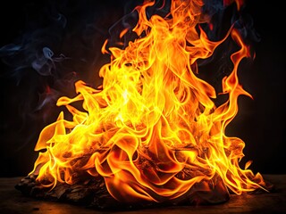 Intense Real Flame Burning Brightly with Vibrant Orange and Yellow Colors in a Dark Background
