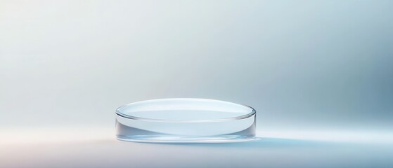 Transparent glass podium, modern design, ideal for showcasing products, minimalist aesthetic, enhances visibility, versatile display solution.