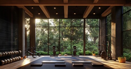 Elegant Gym Interior with Panoramic Windows and Modern Design, AI generated illustration