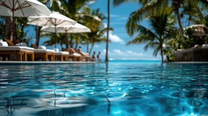 Fototapeta premium A luxurious poolside setting with clear blue water, shaded lounge chairs, and palm trees creates a relaxing and serene tropical getaway experience.
