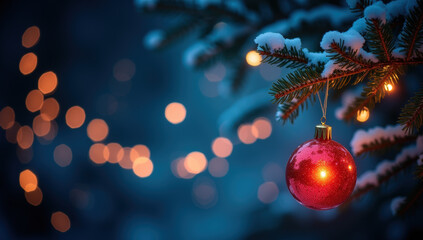 Snow-covered Christmas tree with a red ornament and glowing lights