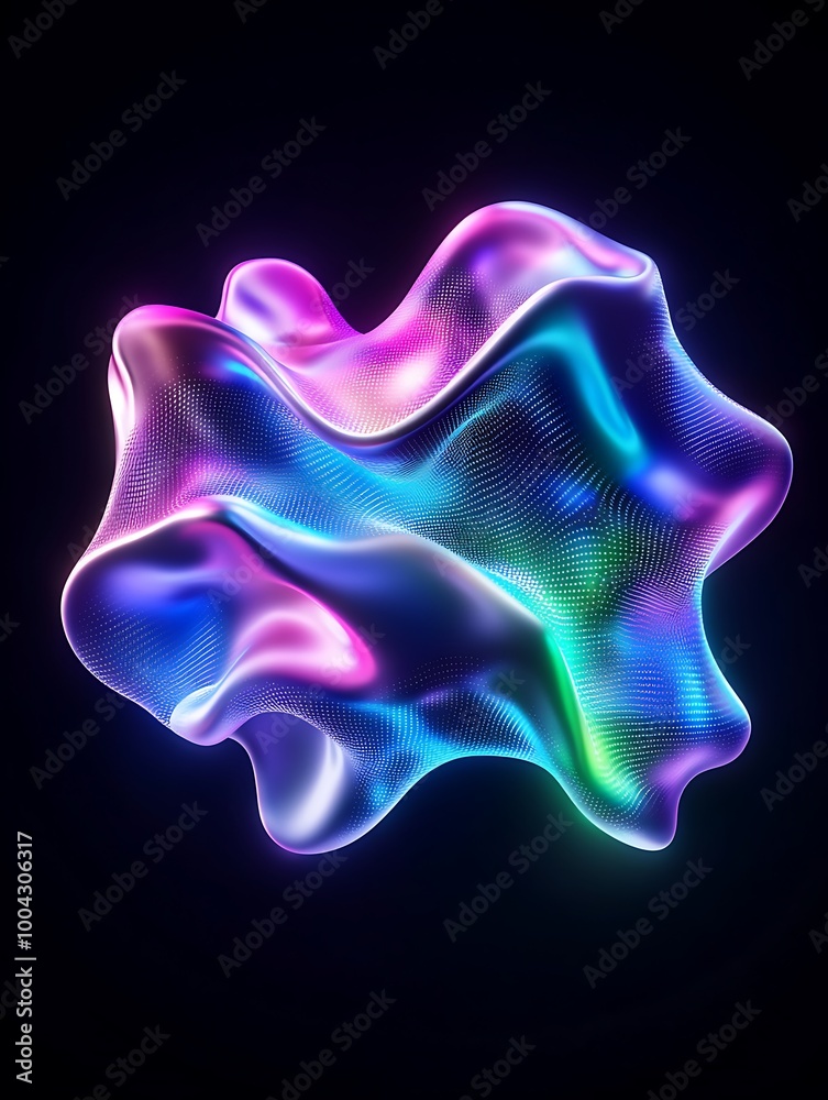 Poster colorful abstract wave form with luminous highlights on a dark background, creating a vibrant visual