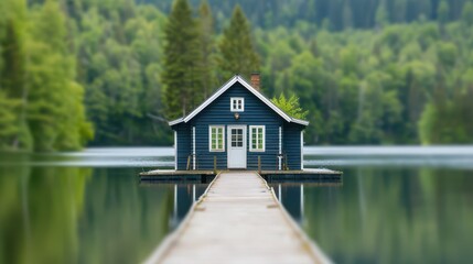 Obraz premium A serene lakeside cottage surrounded by lush forests, providing a peaceful retreat in nature's embrace.