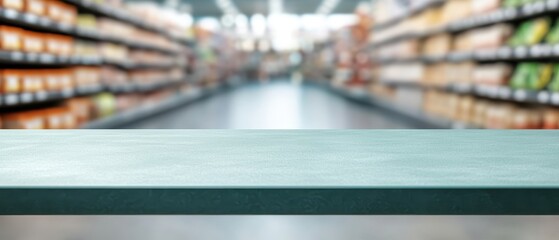 Obraz premium Green countertop in a grocery store, spacious and empty tabletop inviting fresh produce and vibrant displays, modern retail environment