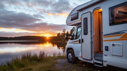 A serene sunset view with a parked camper near a tranquil lake, embodying the essence of outdoor adventure and relaxation.