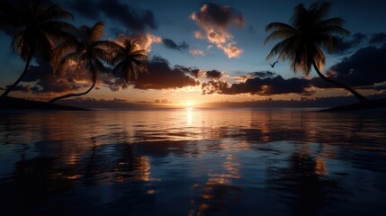 A breathtaking sunset over tropical waters framed by silhouetted palm trees, with vibrant reflections on the water and dramatic clouds, exuding pure tranquility.