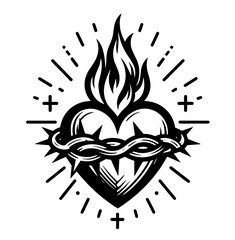sacred heart illustration with flames and thorns vector shape