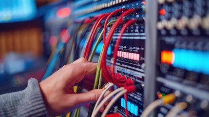 A close-up of a hand adjusting audio equipment with colorful cables in a professional sound studio environment.