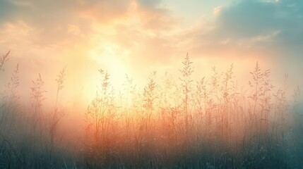 Fototapeta premium serene meadow scene with delicate grass blades swaying in gentle breeze soft pastel hues and misty atmosphere evoke tranquil zenlike spring morning