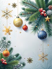 Merry Christmas and Happy New Year greeting card. Modern beautiful Xmas design with typography, Christmas tree branches, balls, snowflake pattern. Minimal art banner, poster, cover templates