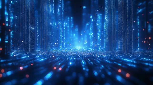 A dark blue city with many blue lights and squares, A Landscape background of digital Greeble 
