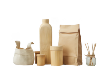 A collection of eco-friendly kraft paper packaging showcasing different shapes and sizes, Ideal for promoting sustainability and packaging design, png transparent background.