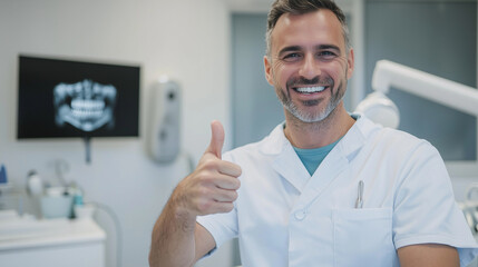 Obraz premium Satisfied European patient with a perfect smile in a dentist's chair, gesturing approval with a thumbs-up as the dentist stands nearby, emphasizing positive dental care experience.