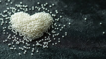 White spheres form a heart on a black background, a striking abstract expression of love and connection.