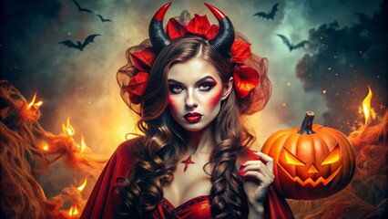 Woman dressed as a halloween devil. Halloween holidays concept