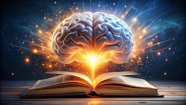 Concept art of a human brain exploding with knowledge and creativity