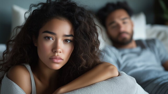 A worried young woman resting on her side in bed, her expression reflecting concern as she contemplates her problems while her husband snores softly next to her, capturing the chal