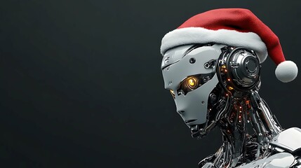 Humanoid AI robot in Santa Claus hat empty space banner