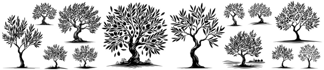 stylized trees in monochrome with organic branching patterns vector shape