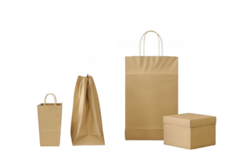 A collection of eco-friendly kraft paper packaging showcasing different shapes and sizes, Ideal for promoting sustainability and packaging design, png transparent background.