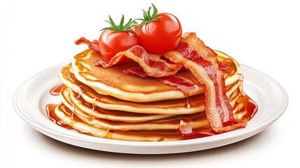 Pancakes with Bacon and Tomato on a Plate - Vector on White Background