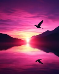 Fototapeta premium Serene Sunset Reflection A Bird in Flight Over a River Bathed in Vibrant Colors