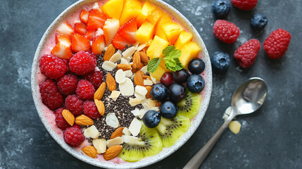 A smoothie bowl topped with assorted fruits, seeds, and nuts, showcasing a colorful design.