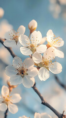 Delicate White Blossoms Bloom on a Branch Against a Soft Blue Sky, Capturing the Essence of Spring's Arrival
