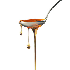 Detailed image of honey flowing and dripping from a spoon against a black background, showcasing texture and golden color.png transparent background.