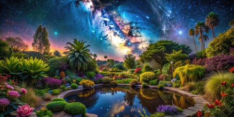 Obraz premium Lush Garden Oasis Floating in Space, Surrounded by Stars and Cosmic Beauty of the Universe