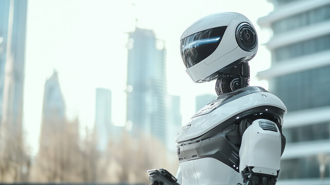 A futuristic security environment where a robot dog and robot human patrol the area, supported by an external surveillance camera, showcasing a sophisticated video surveillance sys