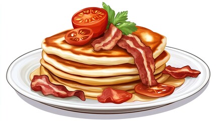 Pancakes with Bacon and Tomato on a Plate - Vector on White Background
