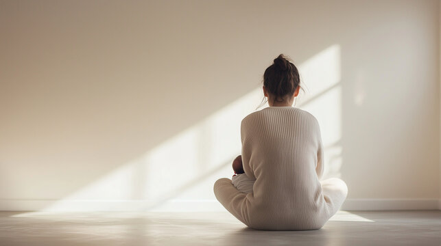 A young mother, overwhelmed with postnatal depression, cradles her newborn while sitting on the floor, highlighting the emotional weight of motherhood. photo