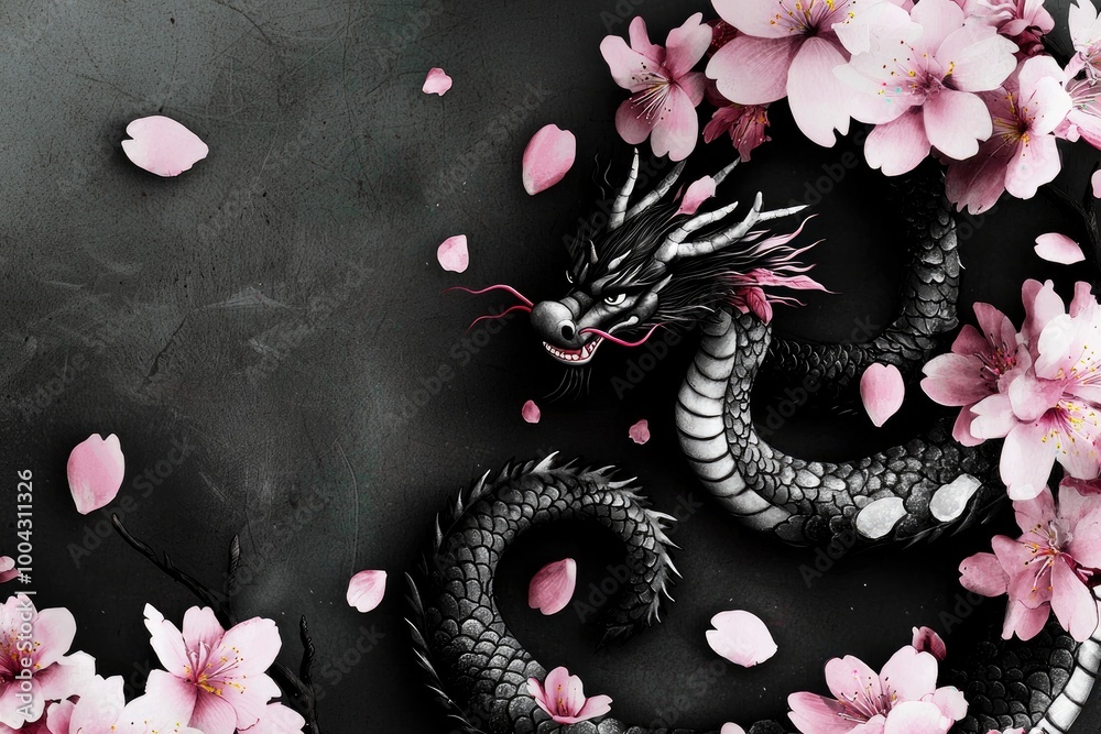 Canvas Prints Black Dragon and Pink Cherry Blossoms on a Dark Background