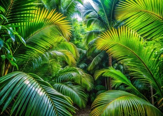 Fototapeta premium Lush Tropical Palm Leaves Surrounded by Dense Jungle Foliage in a Vibrant Natural Environment