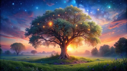 Enchanting twilight landscape with mystical telex tree in a serene forest setting