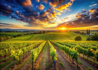 Lush Vineyard Field with Rows of Grapevines under Bright Blue Sky in Agricultural Landscape
