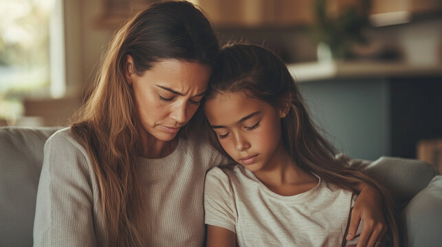 A mother sits beside her troubled teenage daughter on the sofa, lovingly comforting the unhappy girl, creating a moment of care and connection. photo