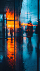 Obraz premium Wet Glass Reflections: A Blurry View of People Walking By a City Street at Night, Orange and Blue Lights, and a Wet Texture