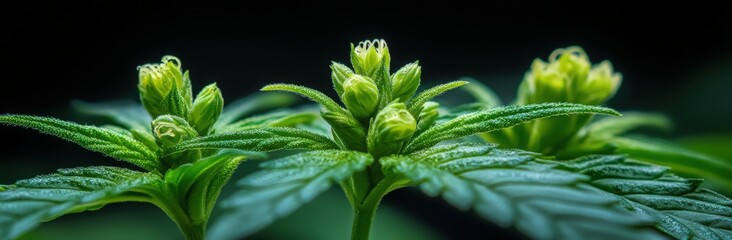Close-up of young leaves and buds showcasing vibrant growth in a lush green environment