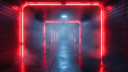 Red Neon Lights in a Futuristic Tunnel 3D Illustration