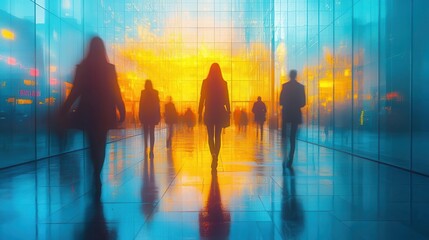 Obraz premium silhouetted office employees in a dynamic blue and yellow glass building their forms blurred to create a sense of movement and activity within a modern workplace