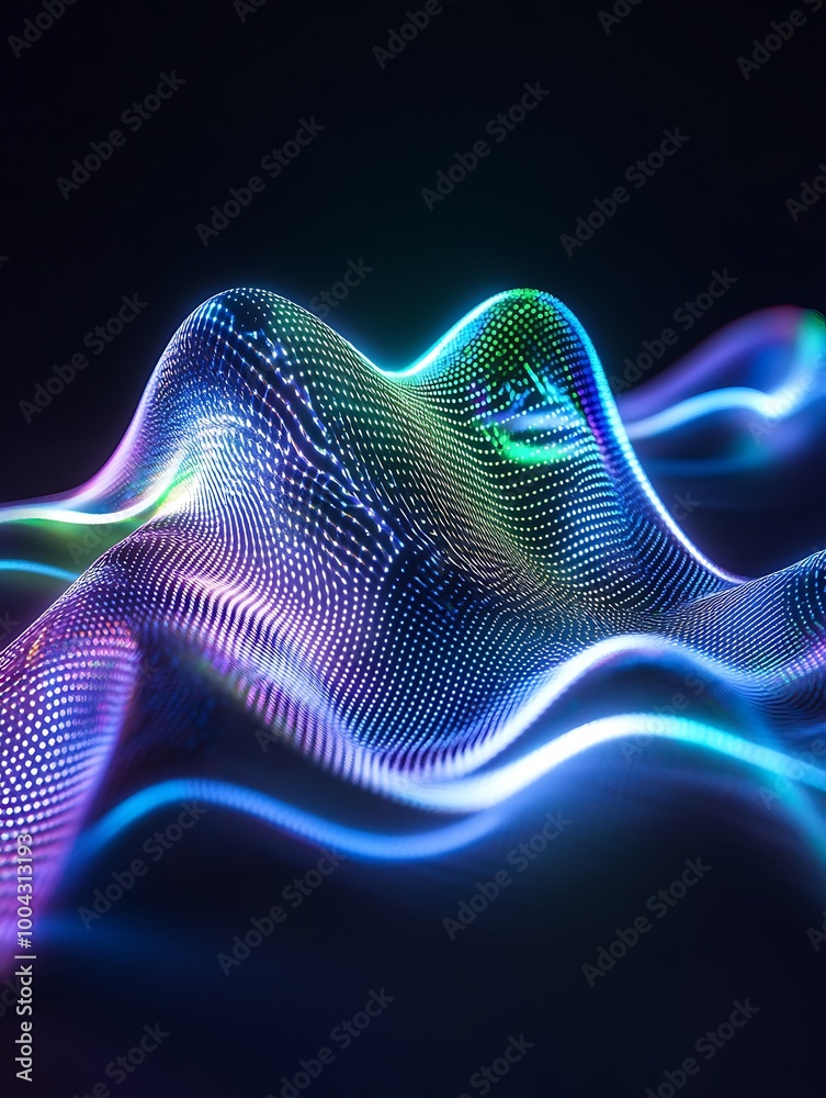 Poster vibrant abstract wave patterns in neon colors against a dark background, creating a sense of motion 